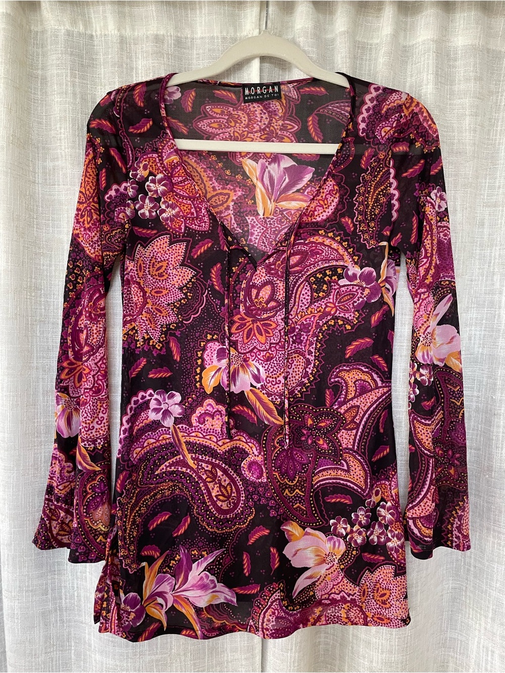 Y2K Morgan De Toi Floral Paisley Mesh Tunic Top Bell Sleeve Black Magenta Orange